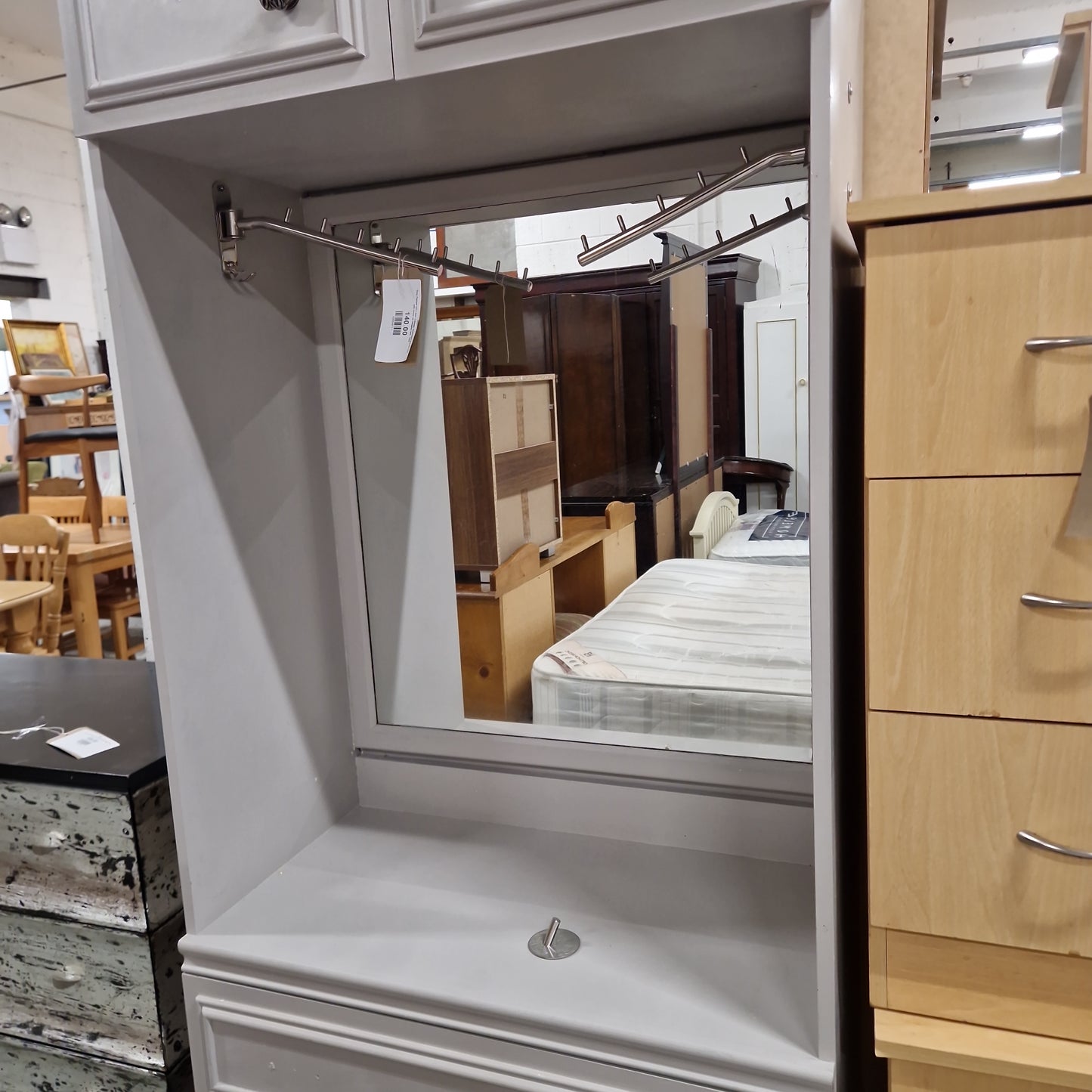 Grey Painted tall 2 door 3 drawer bedrooom dresser unit with mirror ad hanging rails  1224