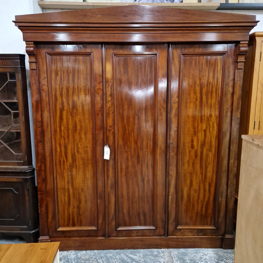 Antique tall 3 door mahogany wardrobe with pull out shelves and drawers  1224