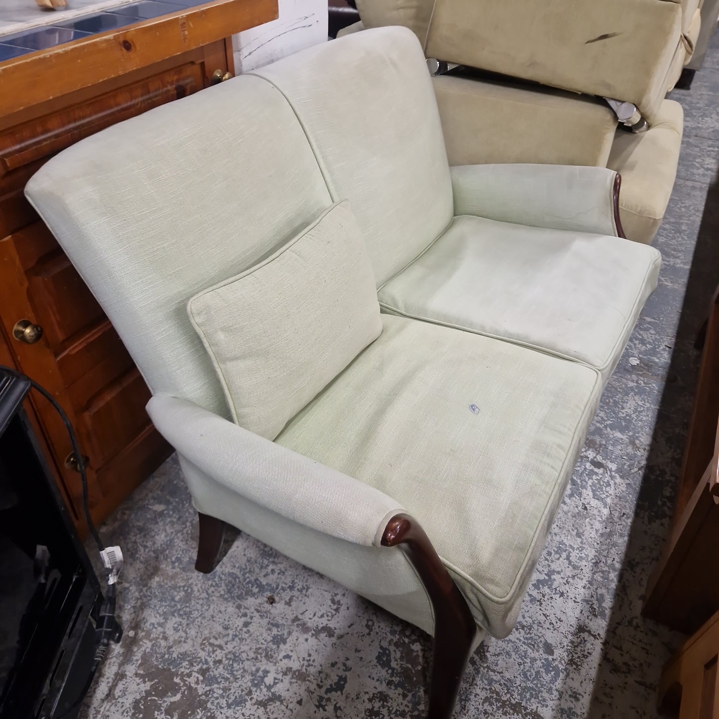 2 seater light green fabric sofa, solid wood frame  1224