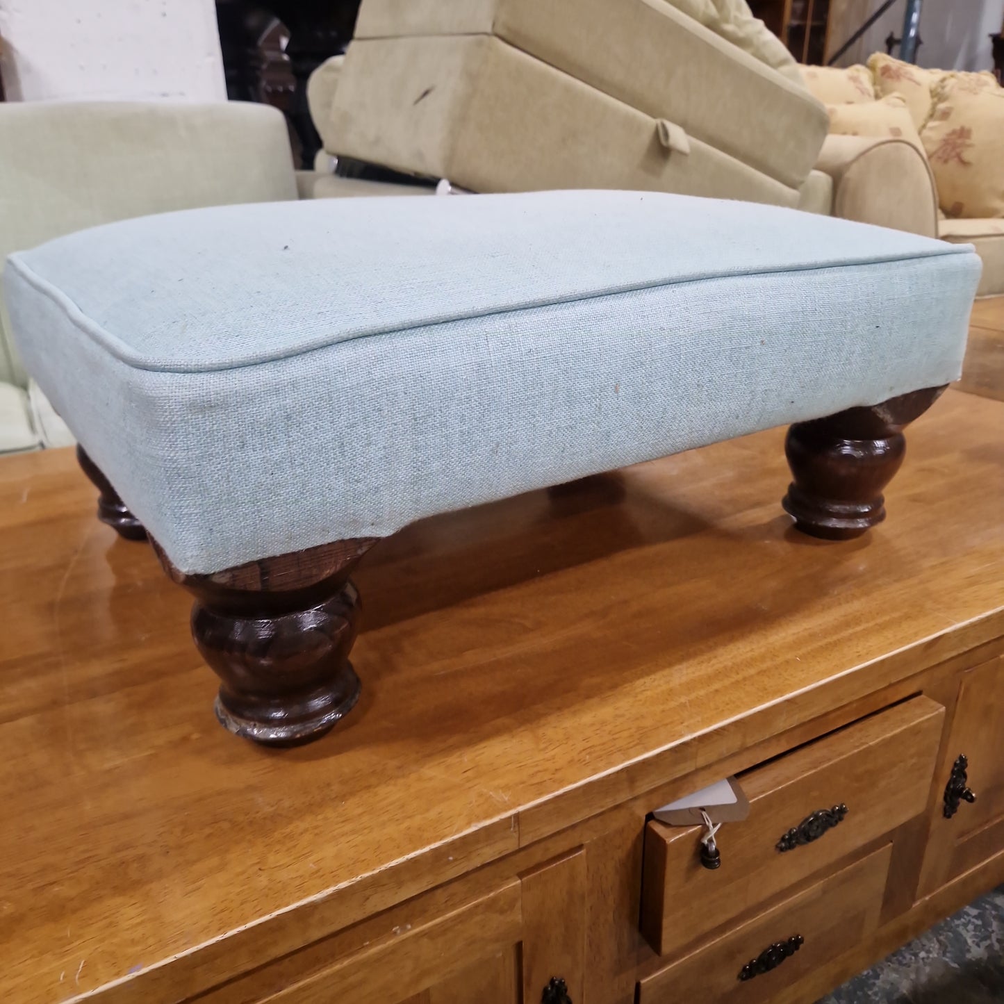 Small green fabric, solid wood footstool