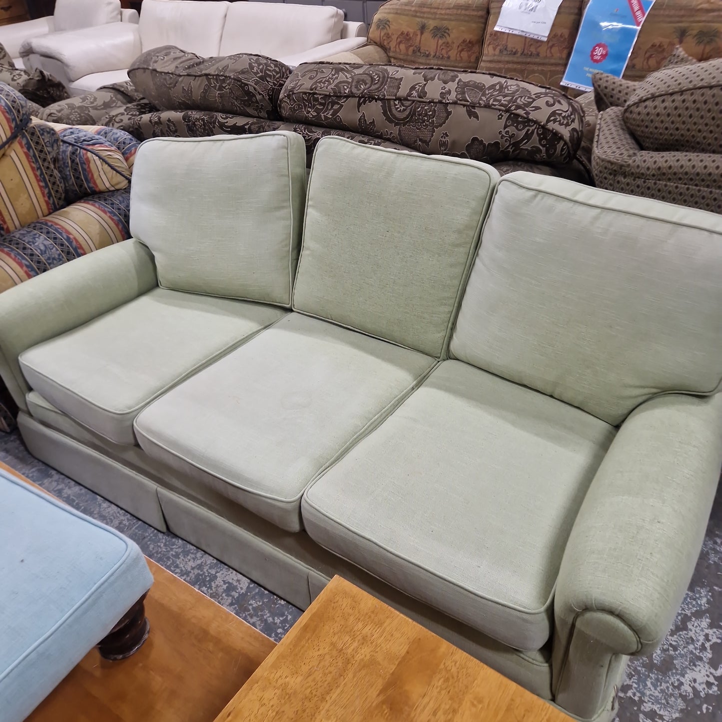 3 seater light green fabric sofa