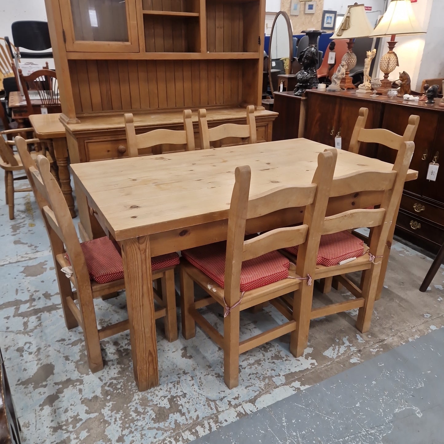 Solid pitch pine slab farmhouse kitchen table with 6 no. matching chairs