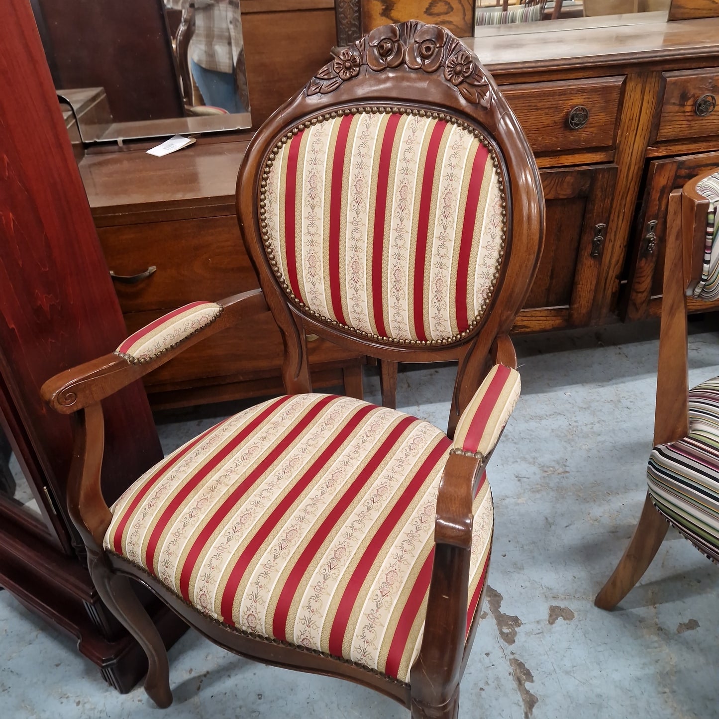 Italian limogue mahogany framed armchair wine stripe fabric 