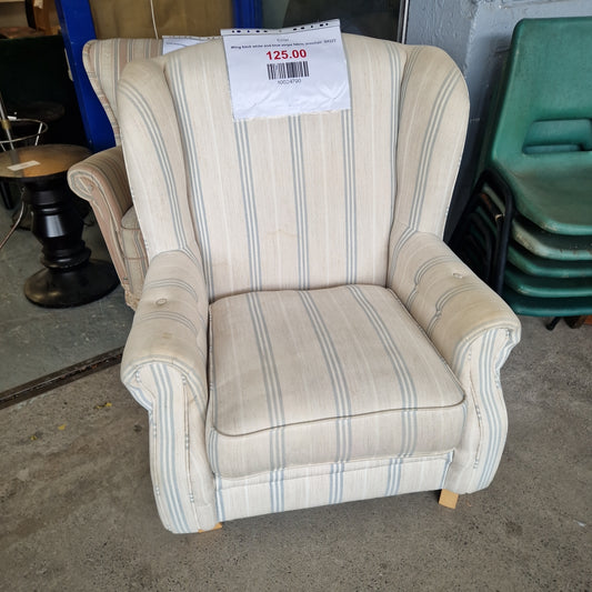 Wing back white and blue stripe fabric armchair  Q4323
