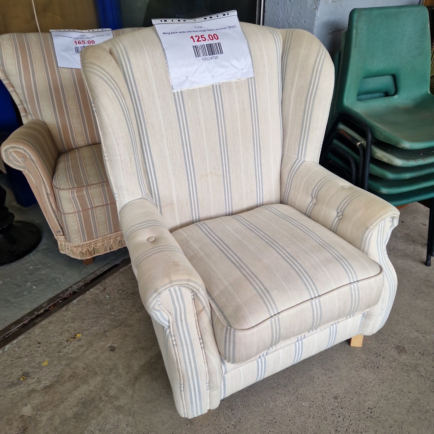 Wing back white and blue stripe fabric armchair  Q4323