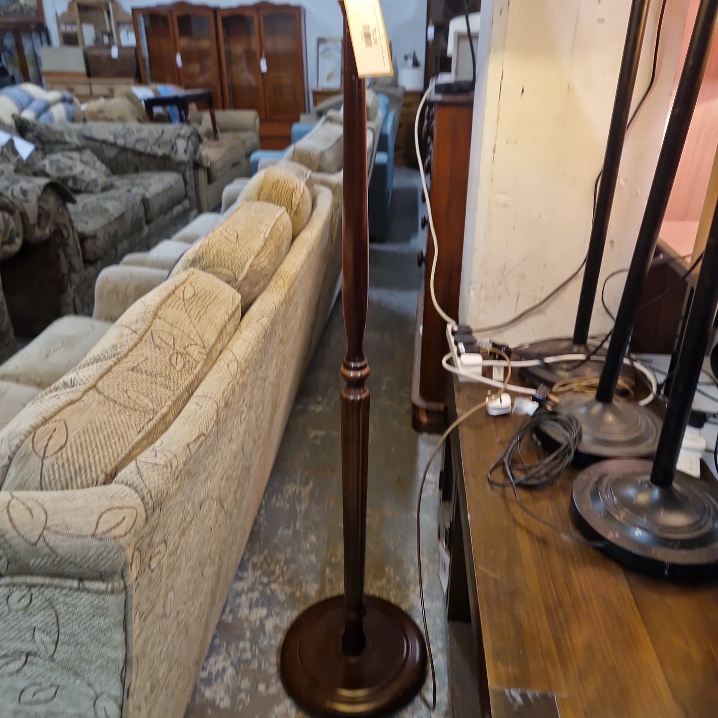 Solid mahogany tall standard lamp with cream shade 3124