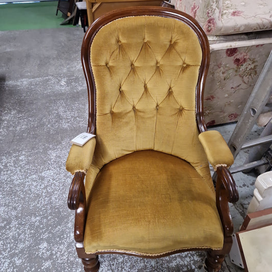 Antique mahogany framed armchair, gold button back fabric, solid castora Q4323