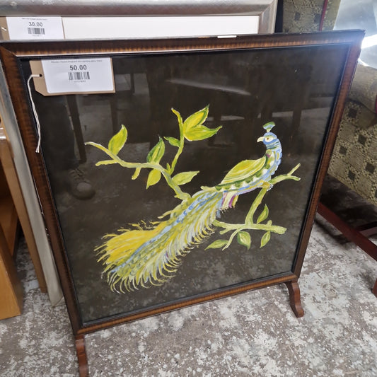 Wooden framed fireguard bird painting glass frame