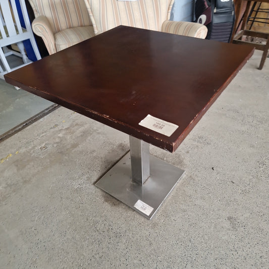 Solid dark wood stained SQUARE cafe table top cw solid stainless steel central table base  1124