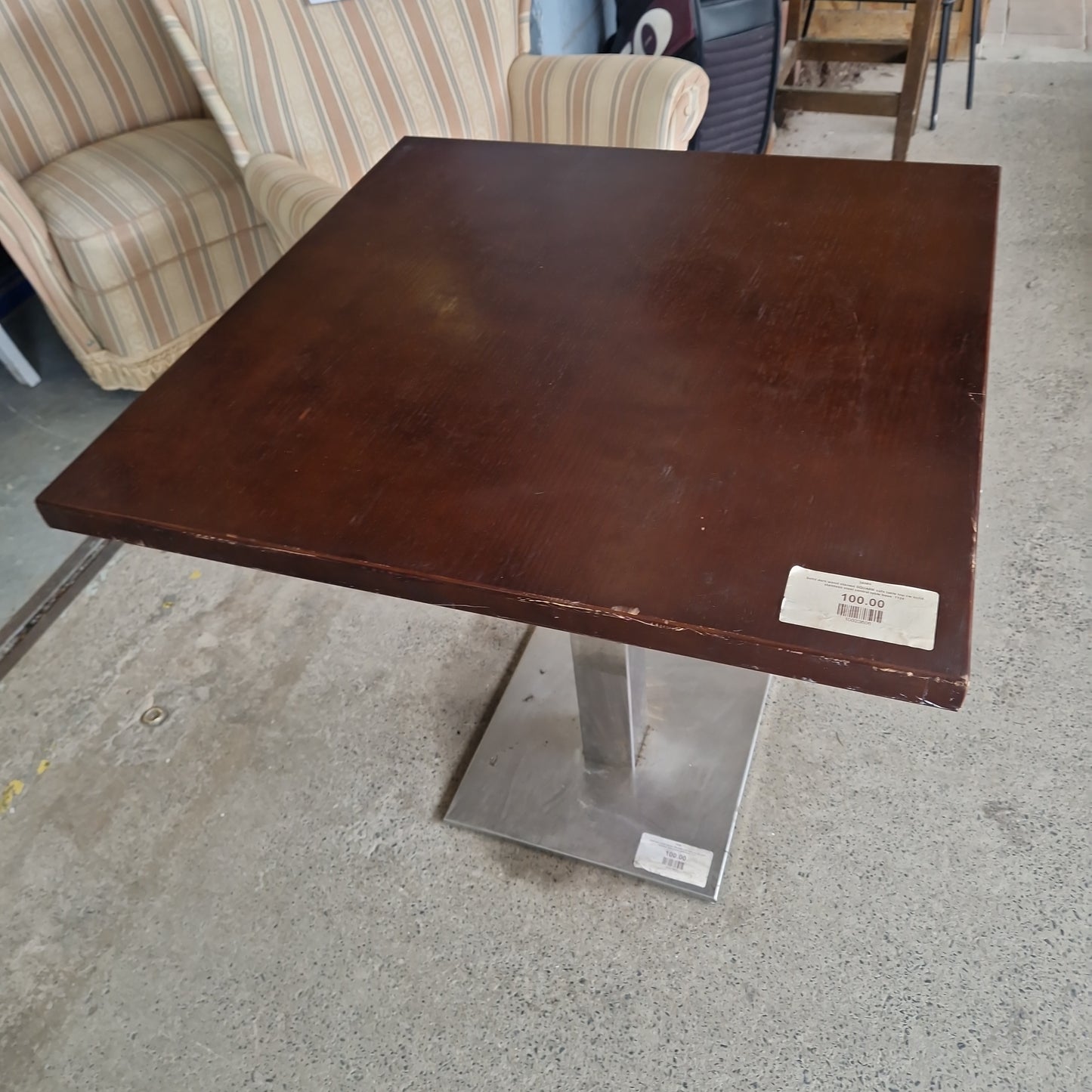 Solid dark wood stained SQUARE cafe table top cw solid stainless steel central table base  1124