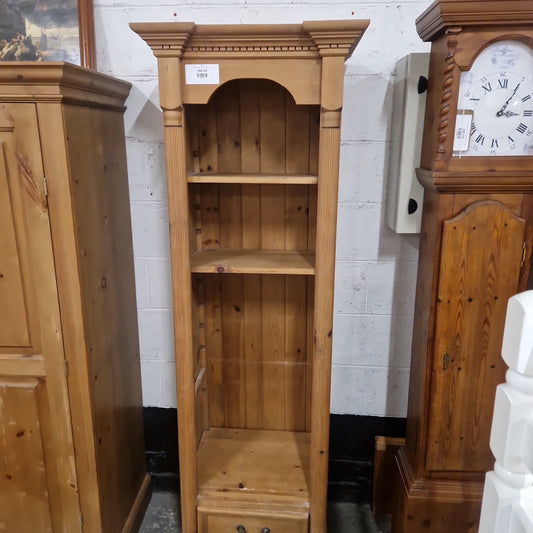 Tall solid pitch pine slim bookcase