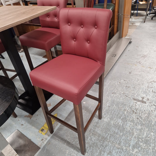 BRAND NEW Tall French style high bar stool with grey or wine leatherette button back, solid beech stained frame