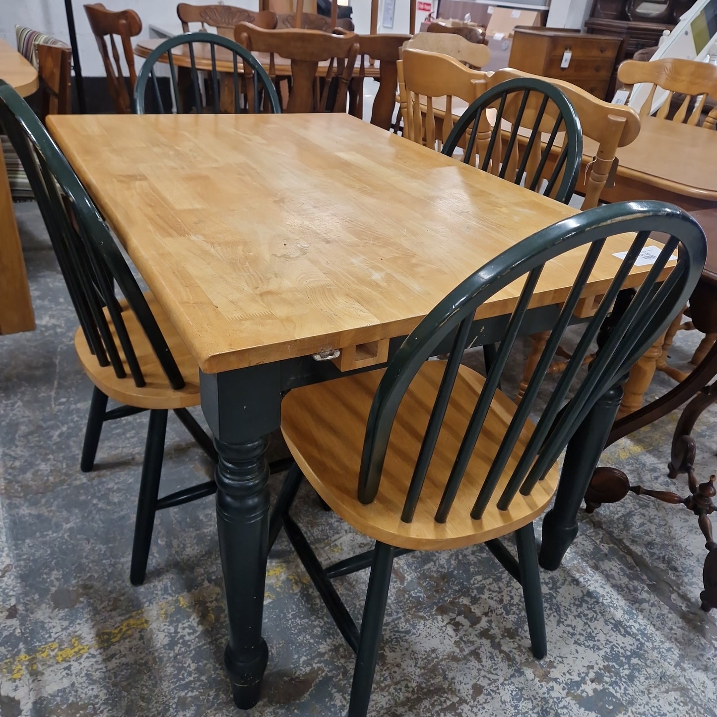 Hardwood oval drop leaf kitchen table with green legs and 4 no. matching chairs