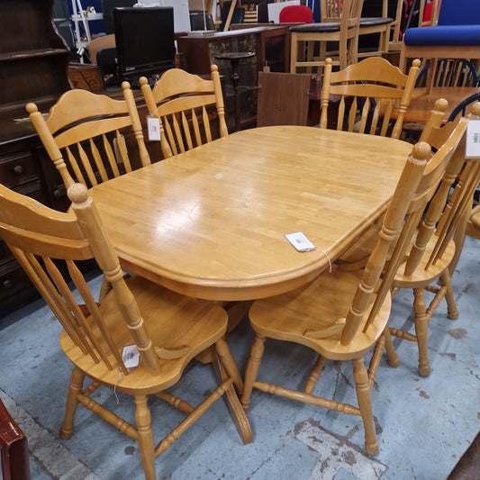 Hardwood D end extendable kitchen table, central base with 6 no. matching solid wood chairs