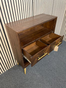 Dark wood unit with two drawers and gold-toned metal hardware. (H 101 x W 85 x D 36 cm)  44575