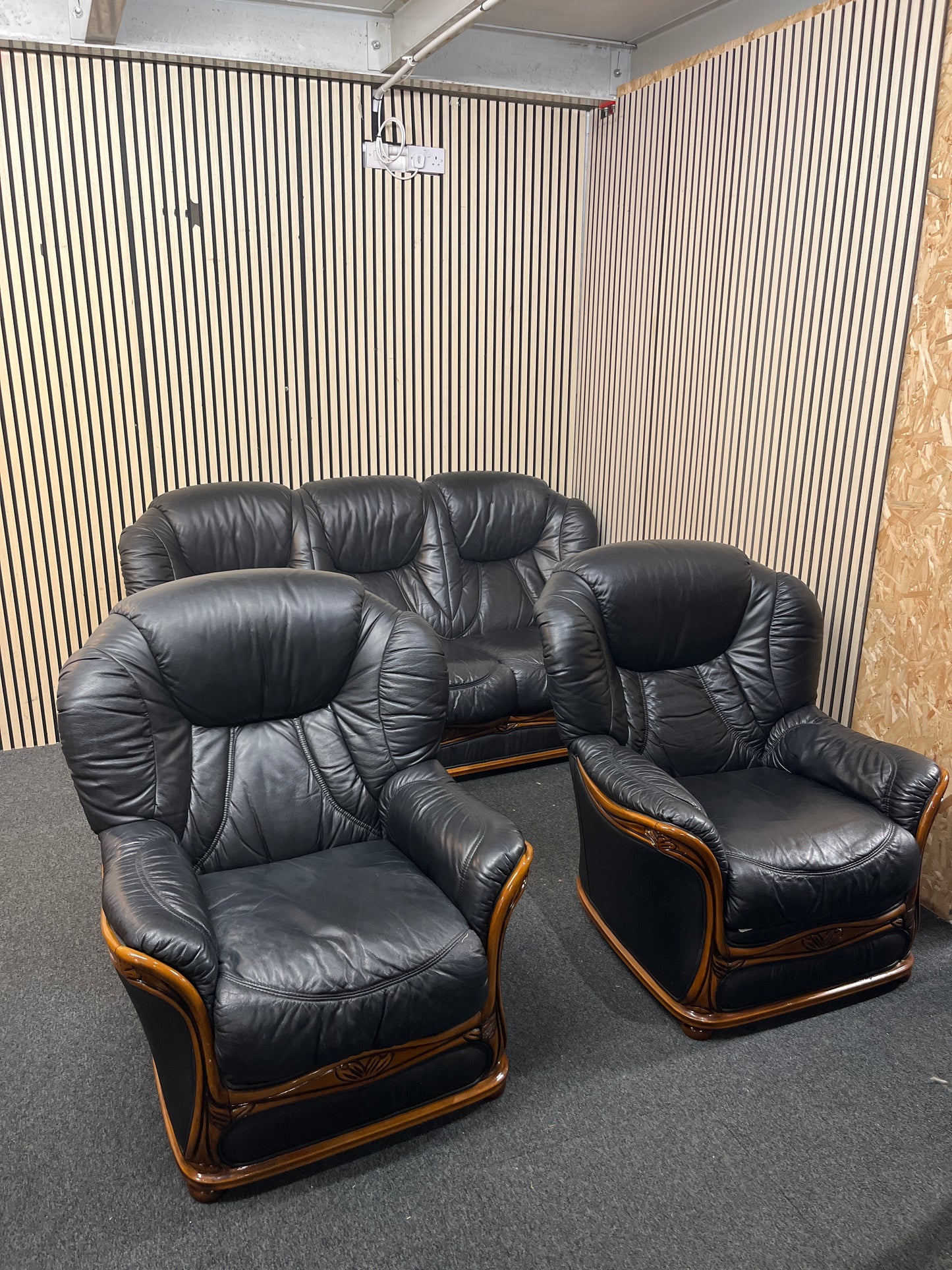 3+1+1 high back black leather suite with wood trim frame  43449