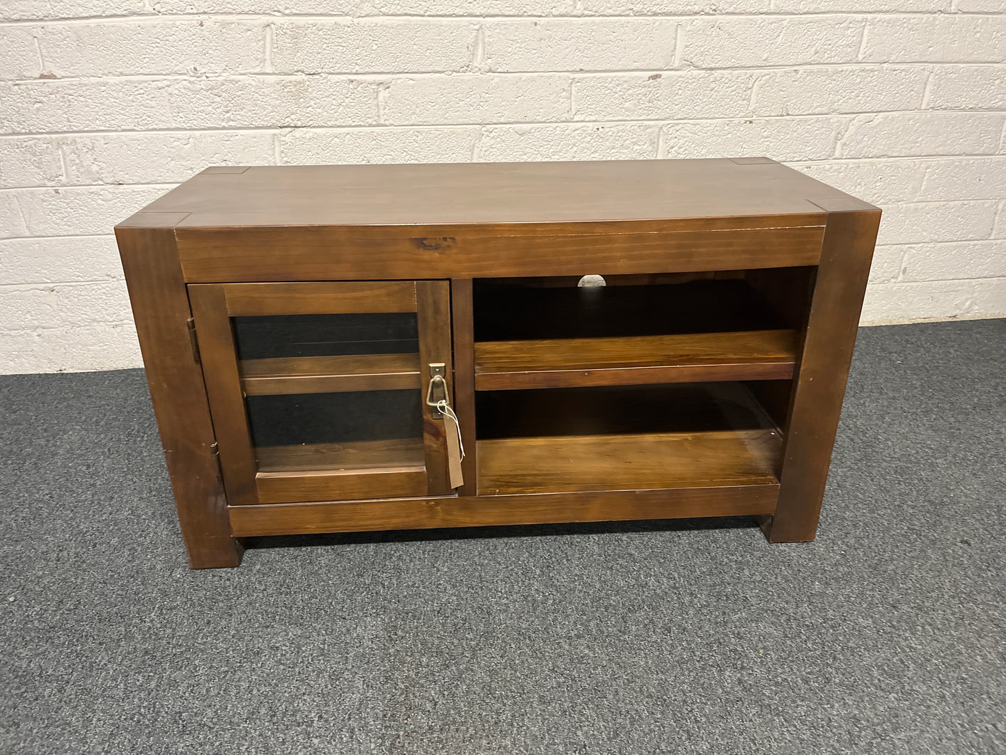 Solid dark wood stained 1 door low rectangular TV unit (H 580 x W 1060 x D 450 mm)  3125