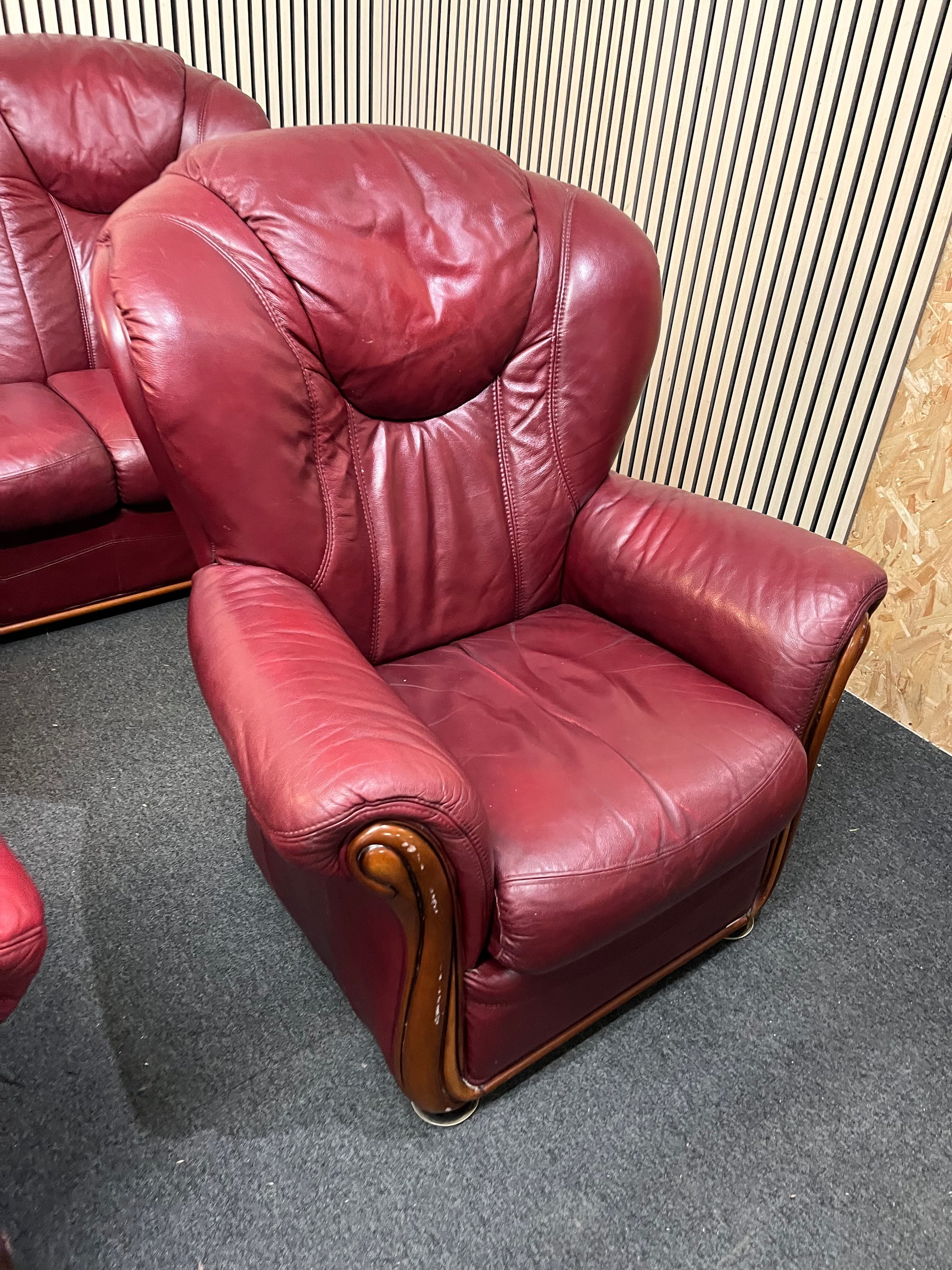 3+1+1 Wine leather Dutch Oak framed high back sofa suite  3126