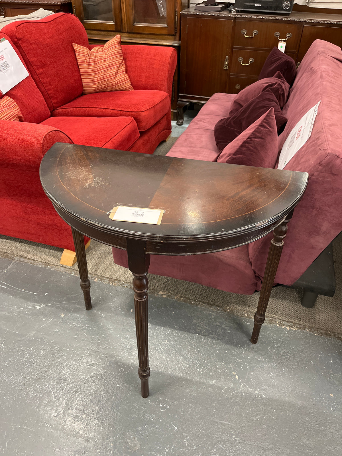 Mahogany veneer inlaid half moon console table