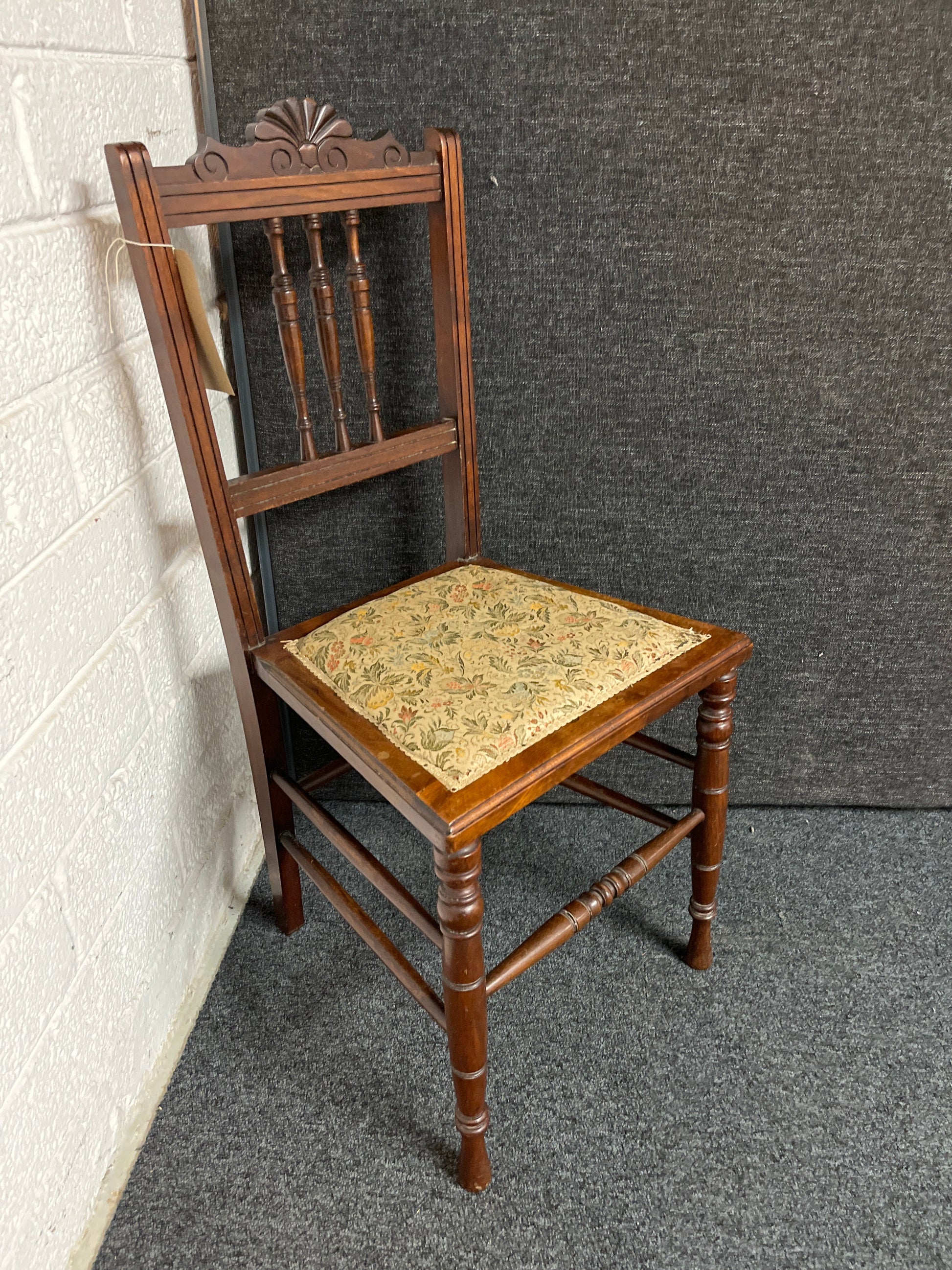 Solid wood stained ornate dining chair with tapestry seat fabric 1225