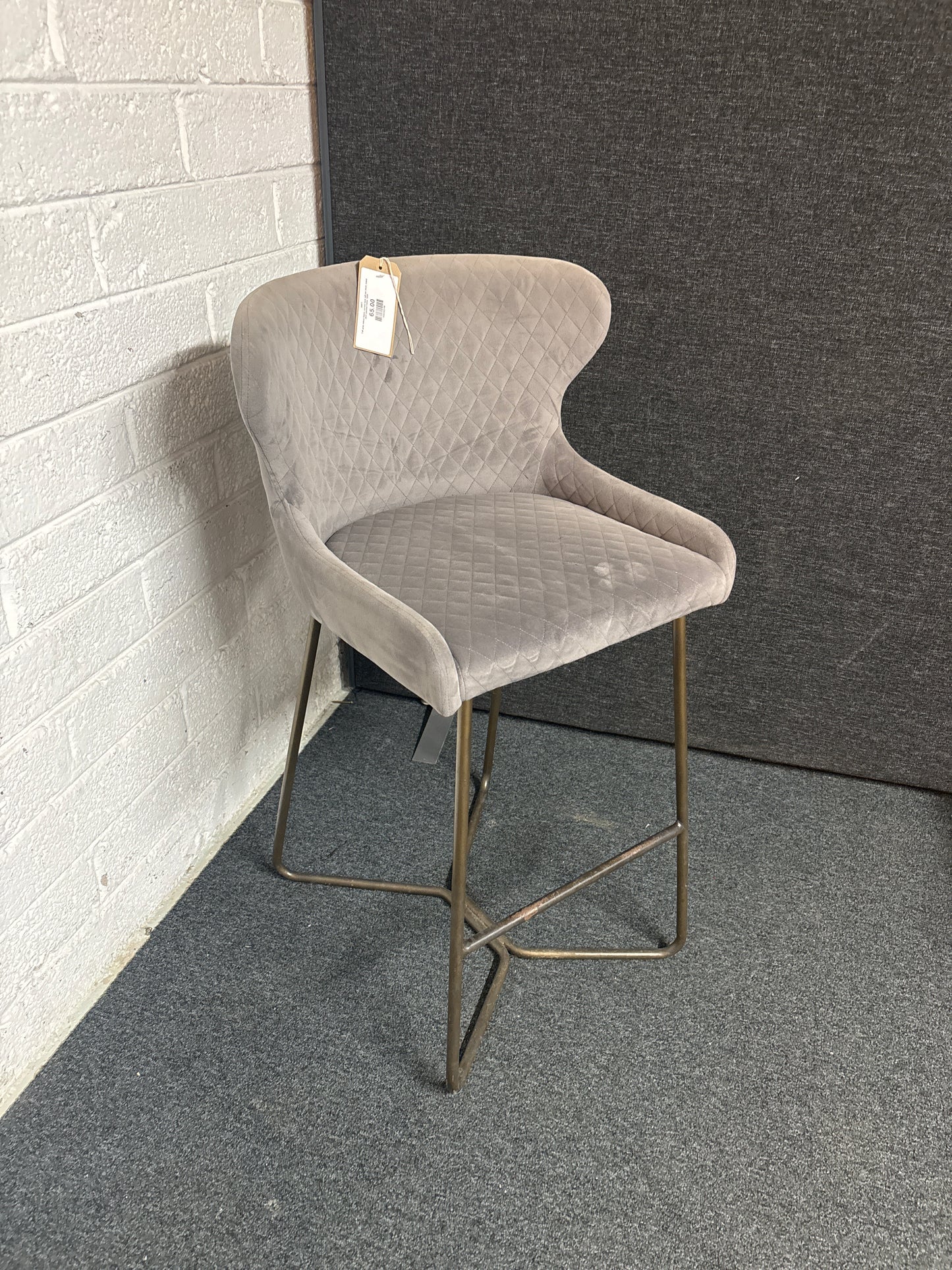 Tall grey velour fabric curved back tall bar stool, metal dark painted frame  3225