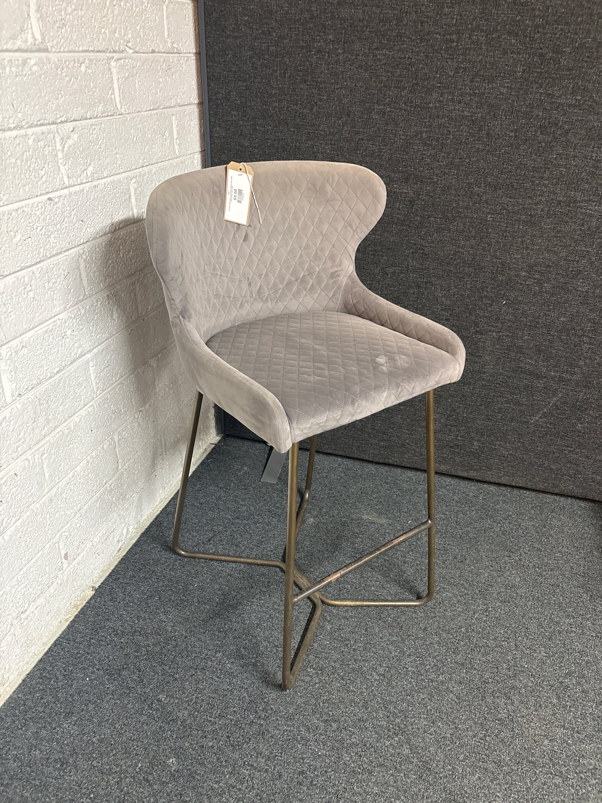 Tall grey velour fabric curved back tall bar stool, metal dark painted frame  3225