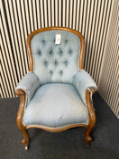 Switch Antique ornate solid dark wood framed spoon back armchair on castors with pastel green fabric (upcycle project) 2425 2 image
