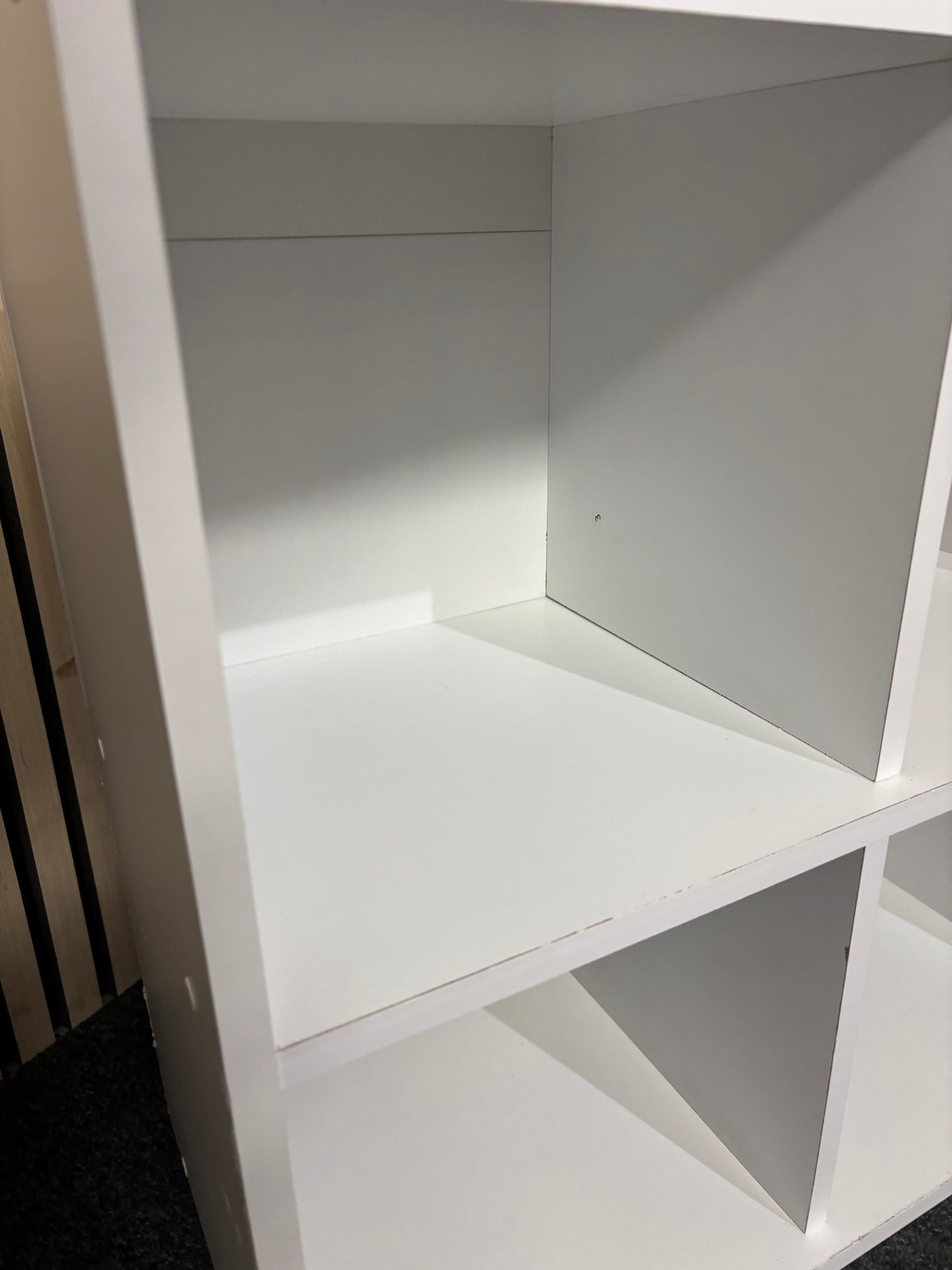 White wooden 4 section small open back box storage (H 60 x W 60 x D 29) 3126