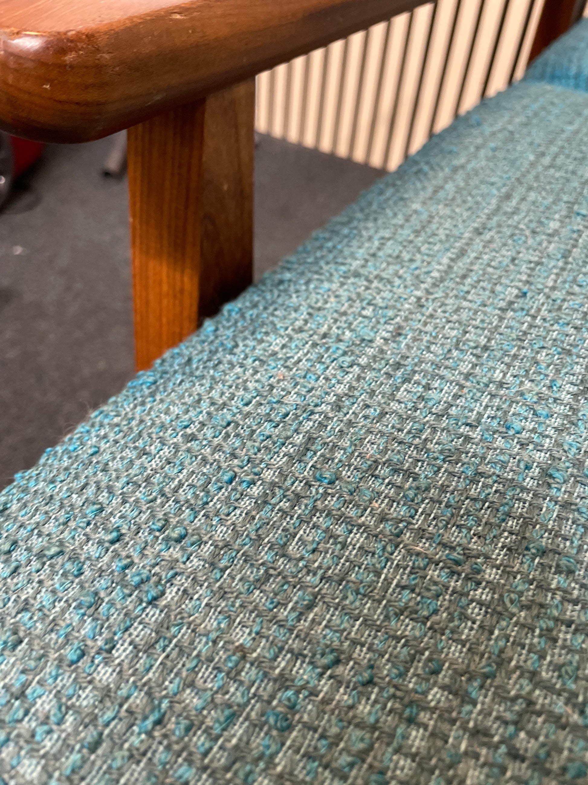 Large 3 seater teal fabric, solid dark wood frame sofa bed 1126