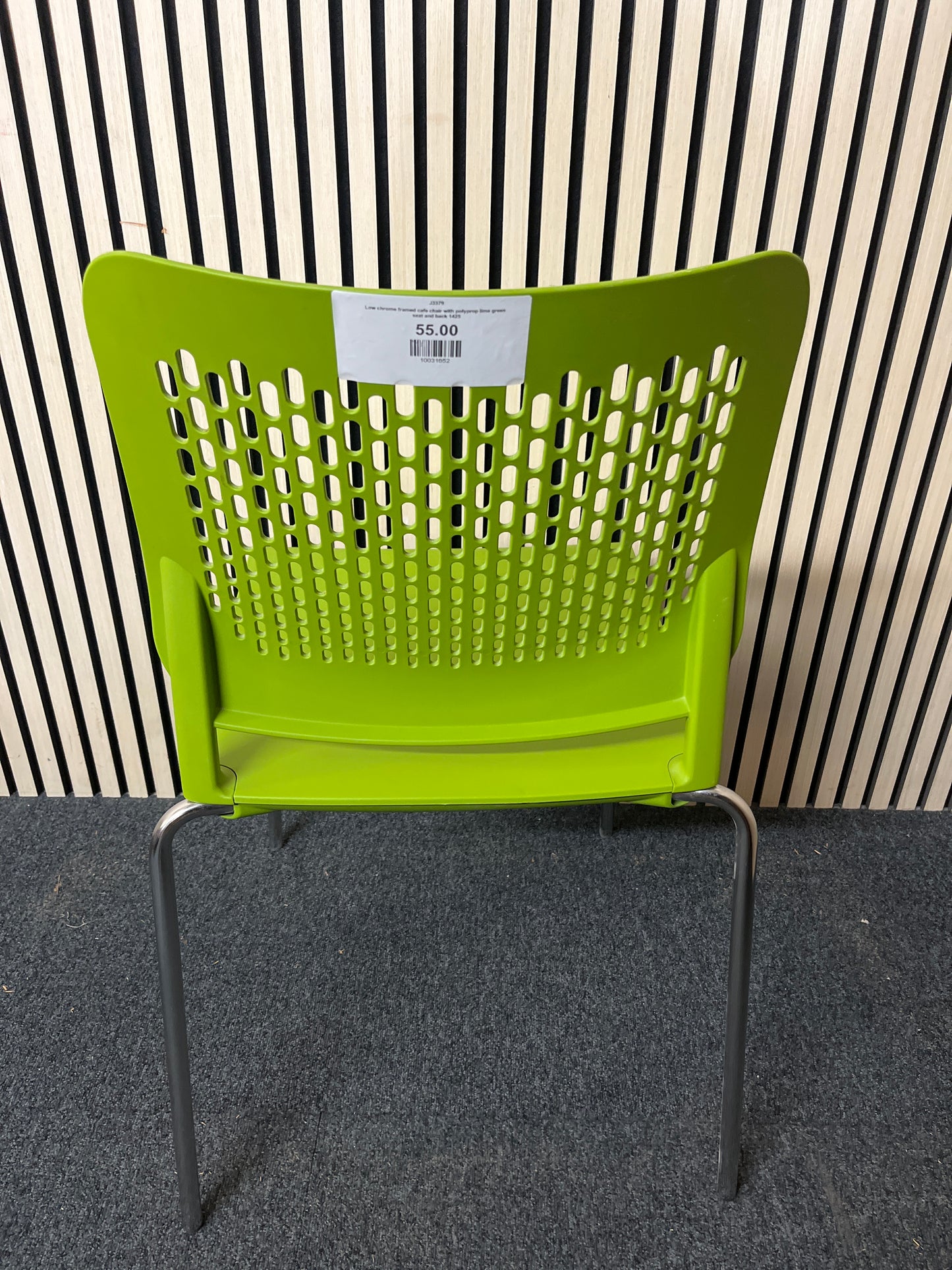 Low chrome framed cafe chair with polyprop lime green seat and back 1425