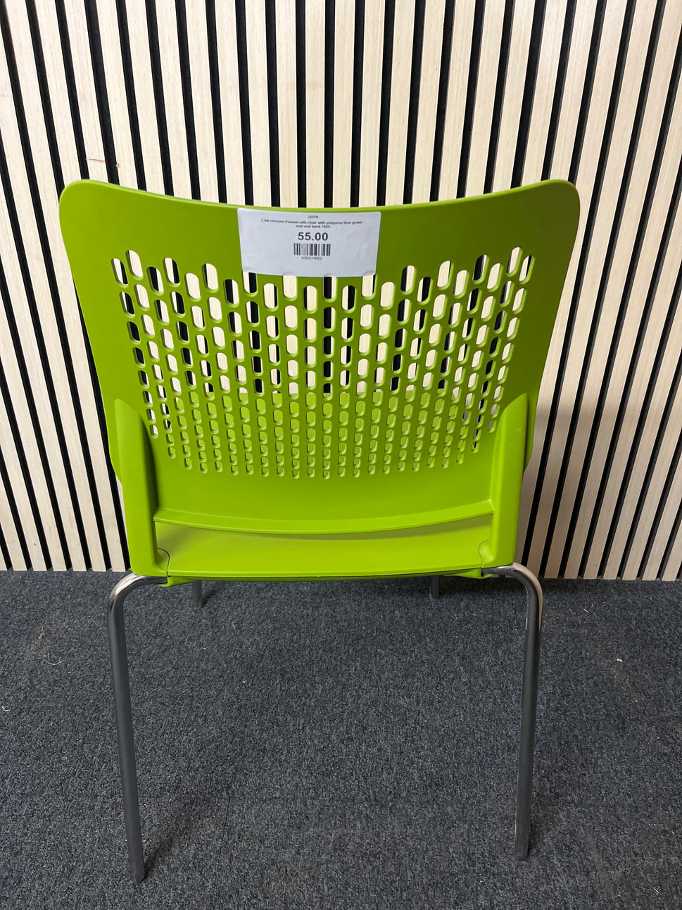 Low chrome framed cafe chair with polyprop lime green seat and back 1425