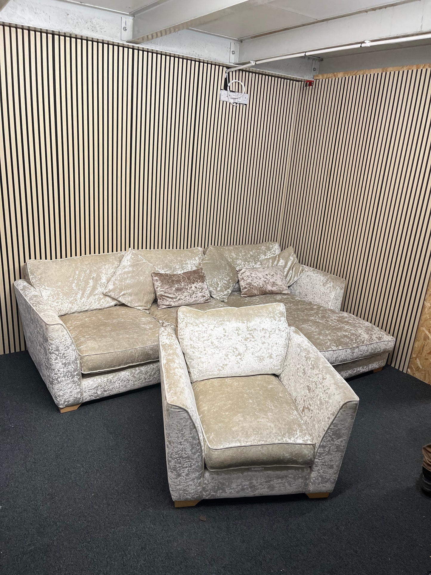Large light cream crushed velvet fabric corner suite (in sections) with matching armchair 3325