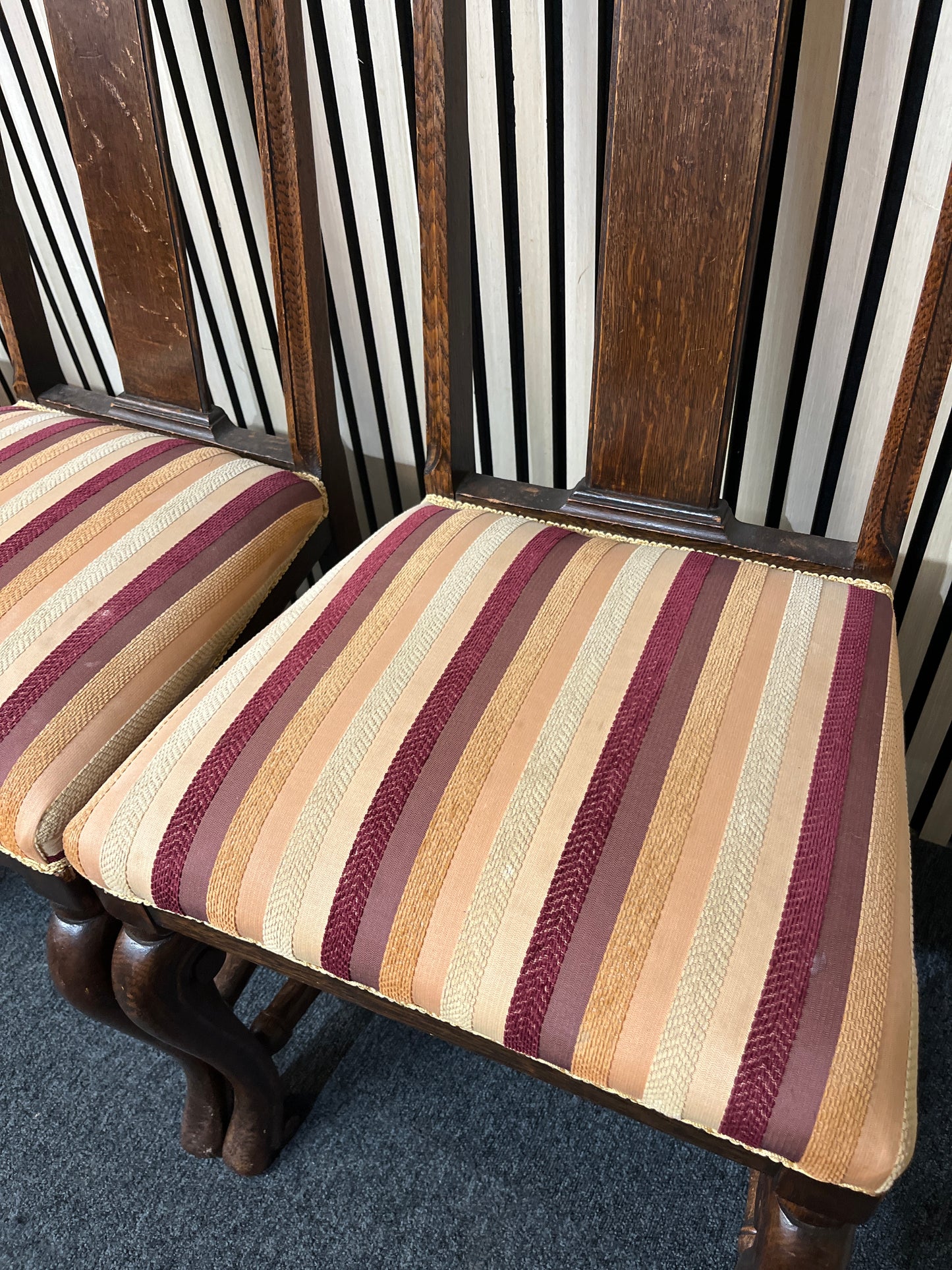 Oak stained high back stripe fabric dining chair. Set of 4 no.  3126