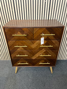 Mid-century style chest featuring herringbone parquet patterns and gold handles (H 106 x W 84 x D 43 cm)  44577