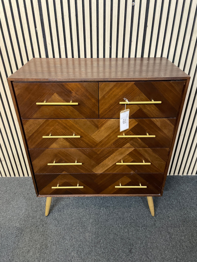Mid-century style chest featuring herringbone parquet patterns and gold handles (H 106 x W 84 x D 43 cm)  44577