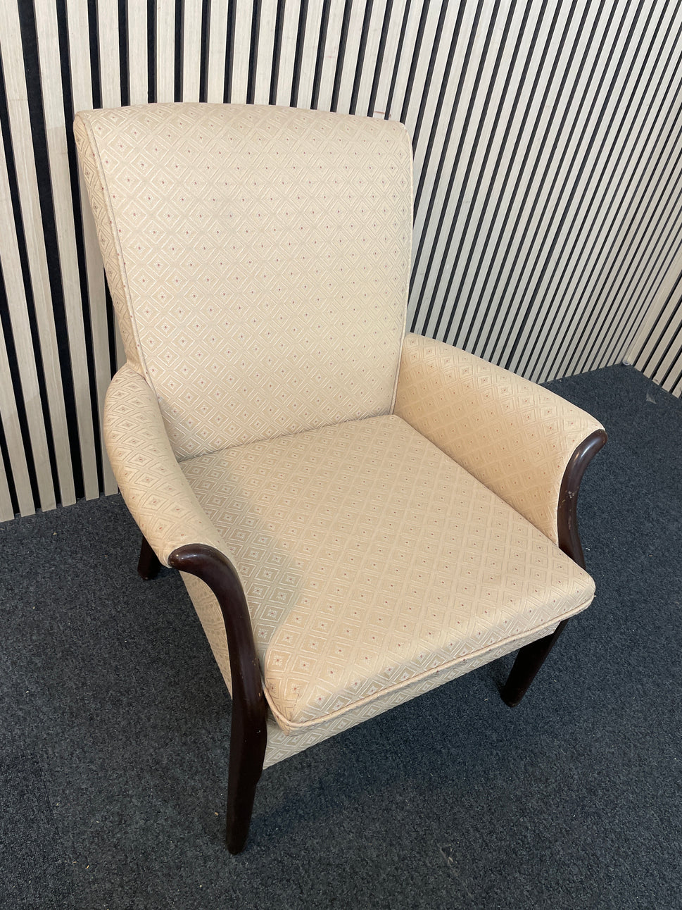 Cream fabric solid wooden framed low armchair 2425