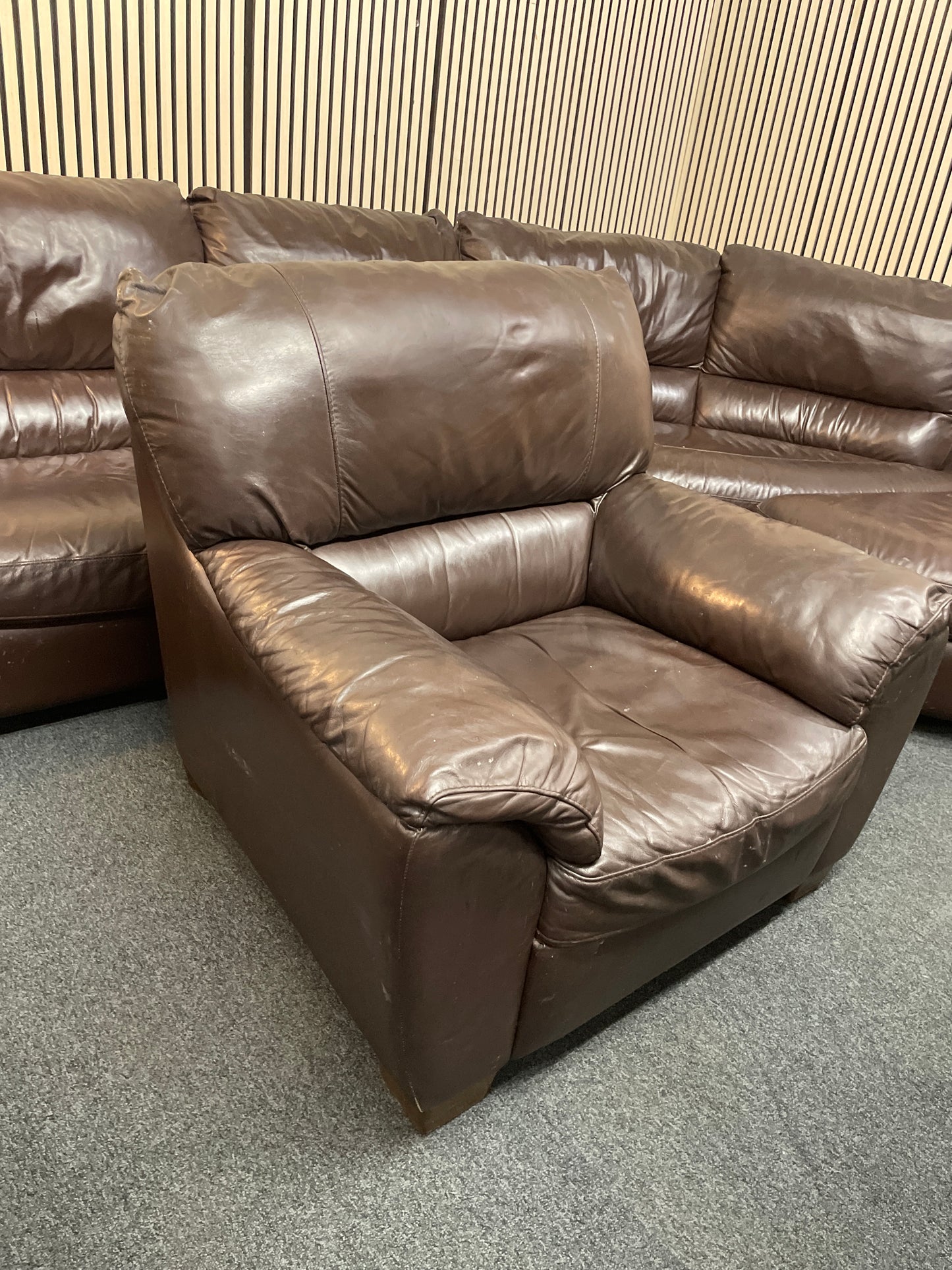 Large Brown Leather Corner Sofa with Poof and Single Armchair included 3126