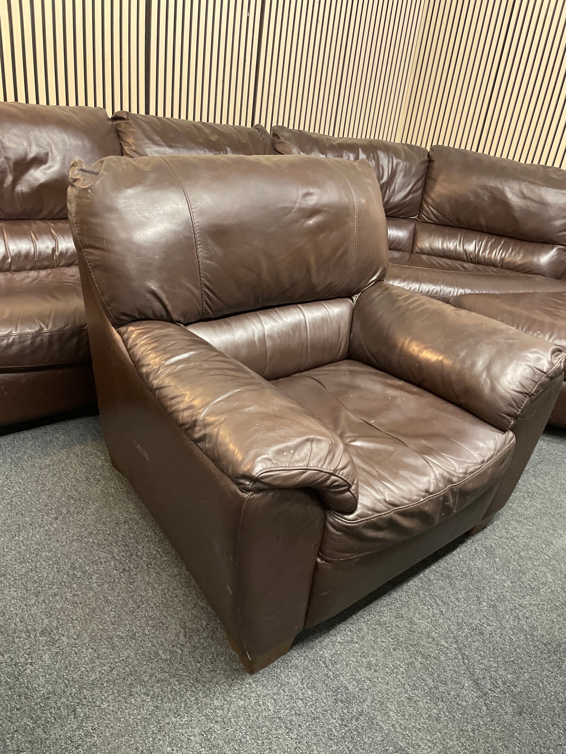 Large Brown Leather Corner Sofa with Poof and Single Armchair included 3126