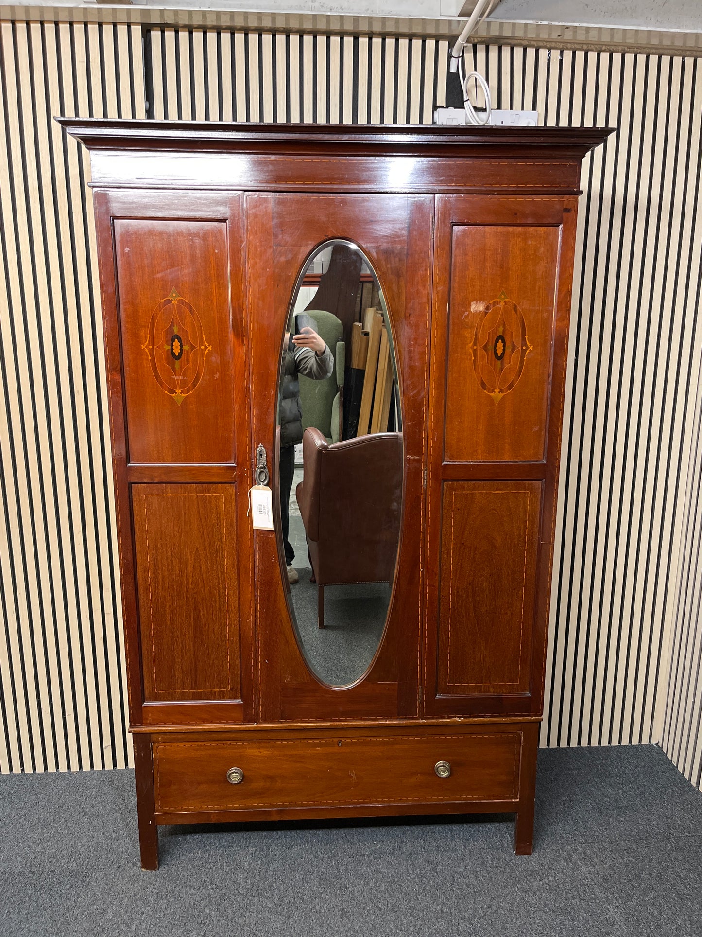 Antique mahogany large wardrobe central oval mirror with base drawer 2425