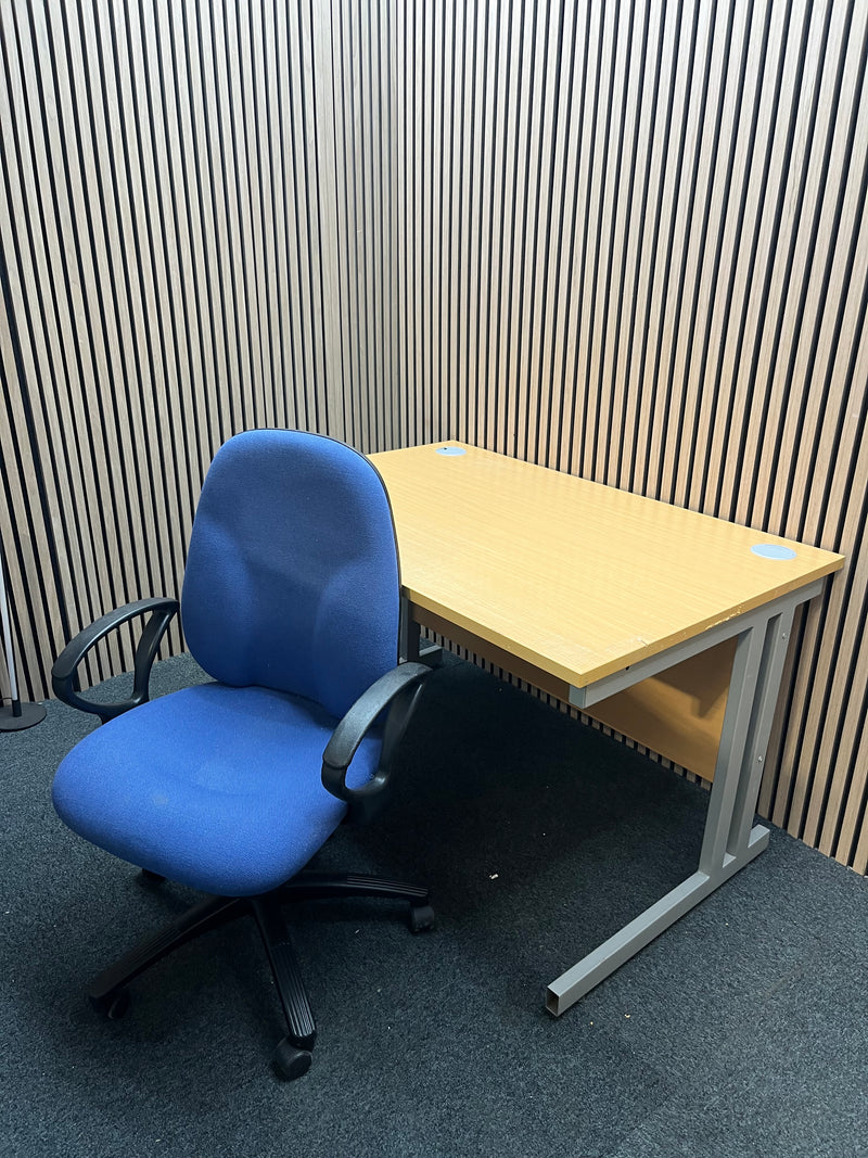 Secondhand Beech 1200 x 800 cantilever desk with blue fabric swivel chair bundle