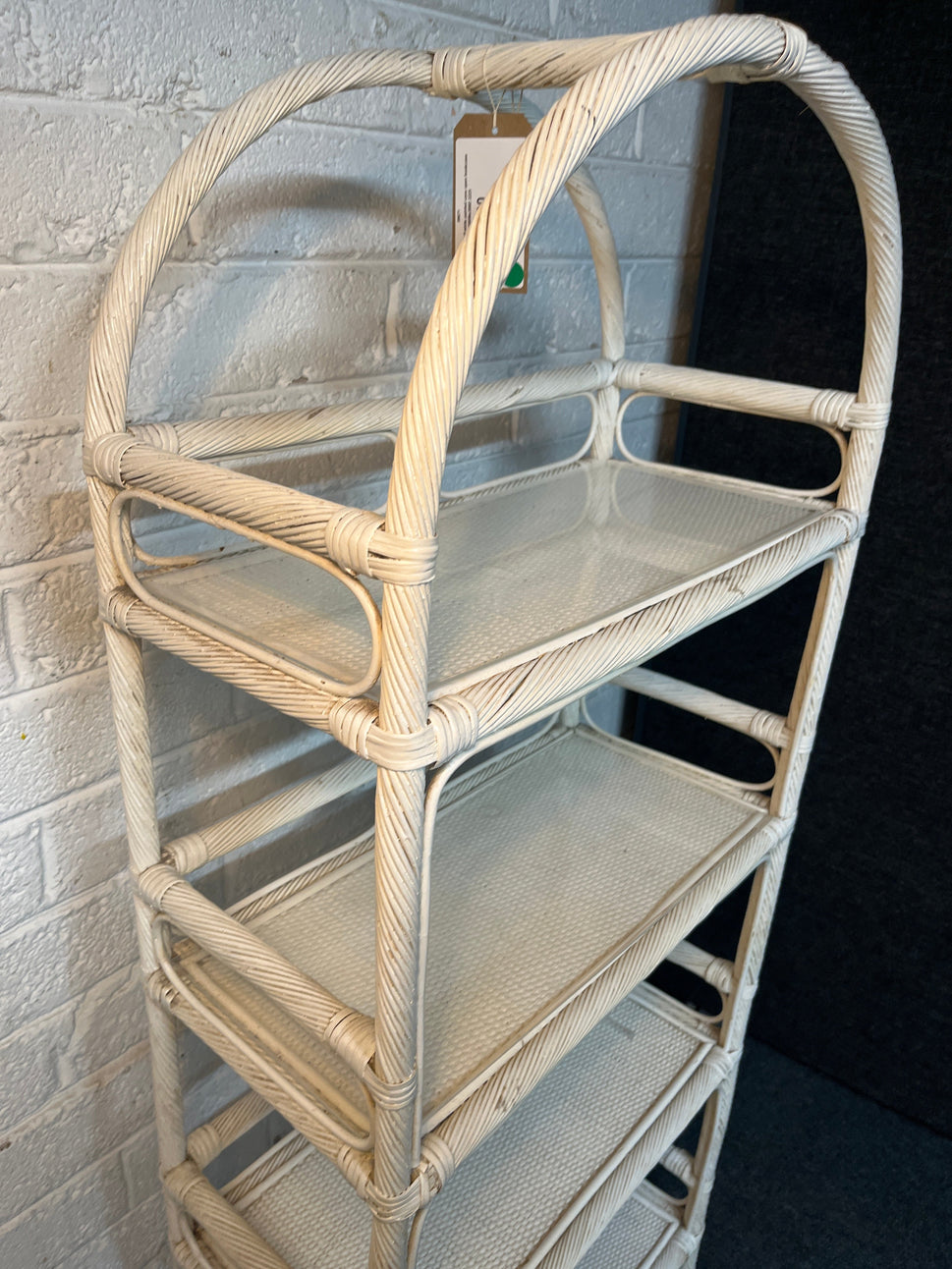 Lloyd Loom style tall white painted cane open bookcase 1450Hx600Wx300D 2225