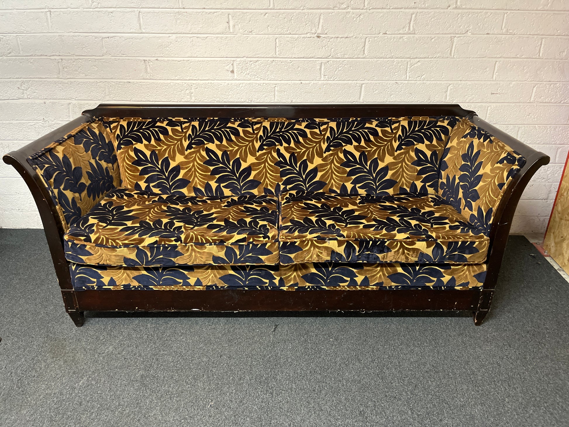 Ornate mahogany framed beige 2 seater sofa navy and brown floral fabric design  1325