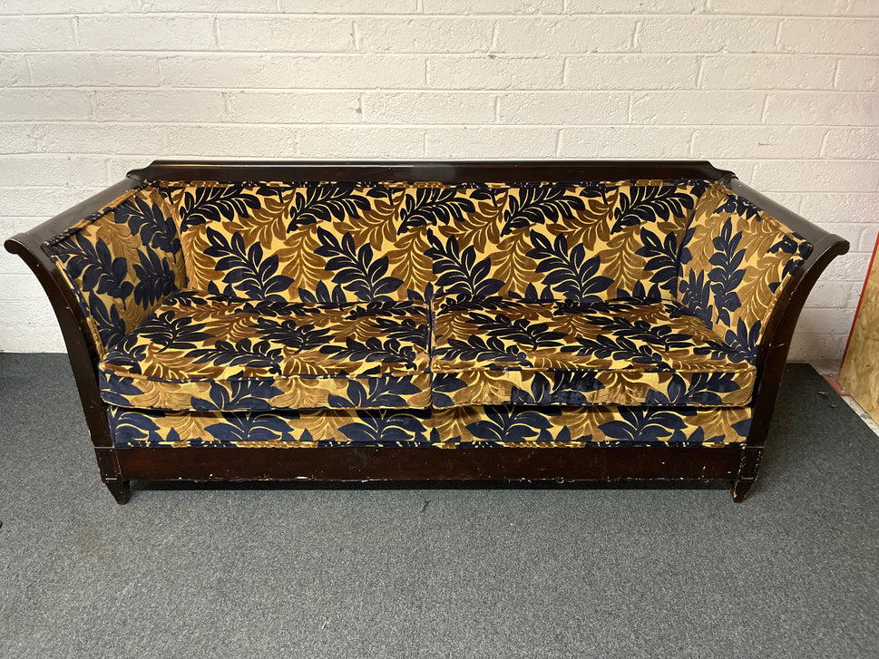 Ornate mahogany framed beige 2 seater sofa navy and brown floral fabric design  1325