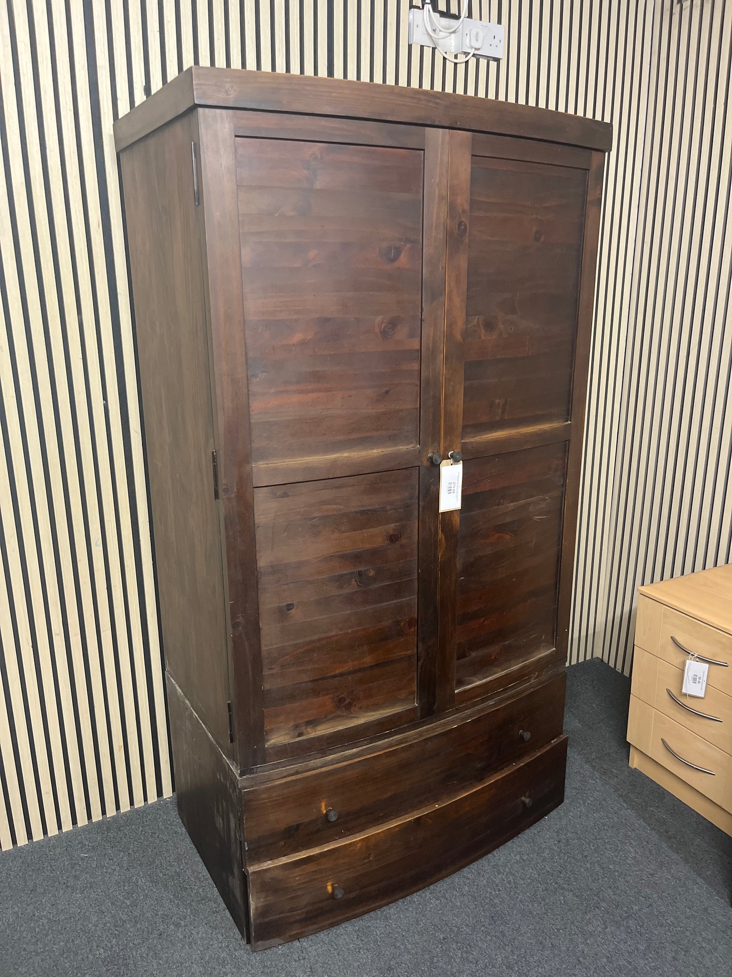 Solid stained pine bow fronted two door 2 base drawer wardrobe (H 182 x W 100 x D 62 cm) 43977
