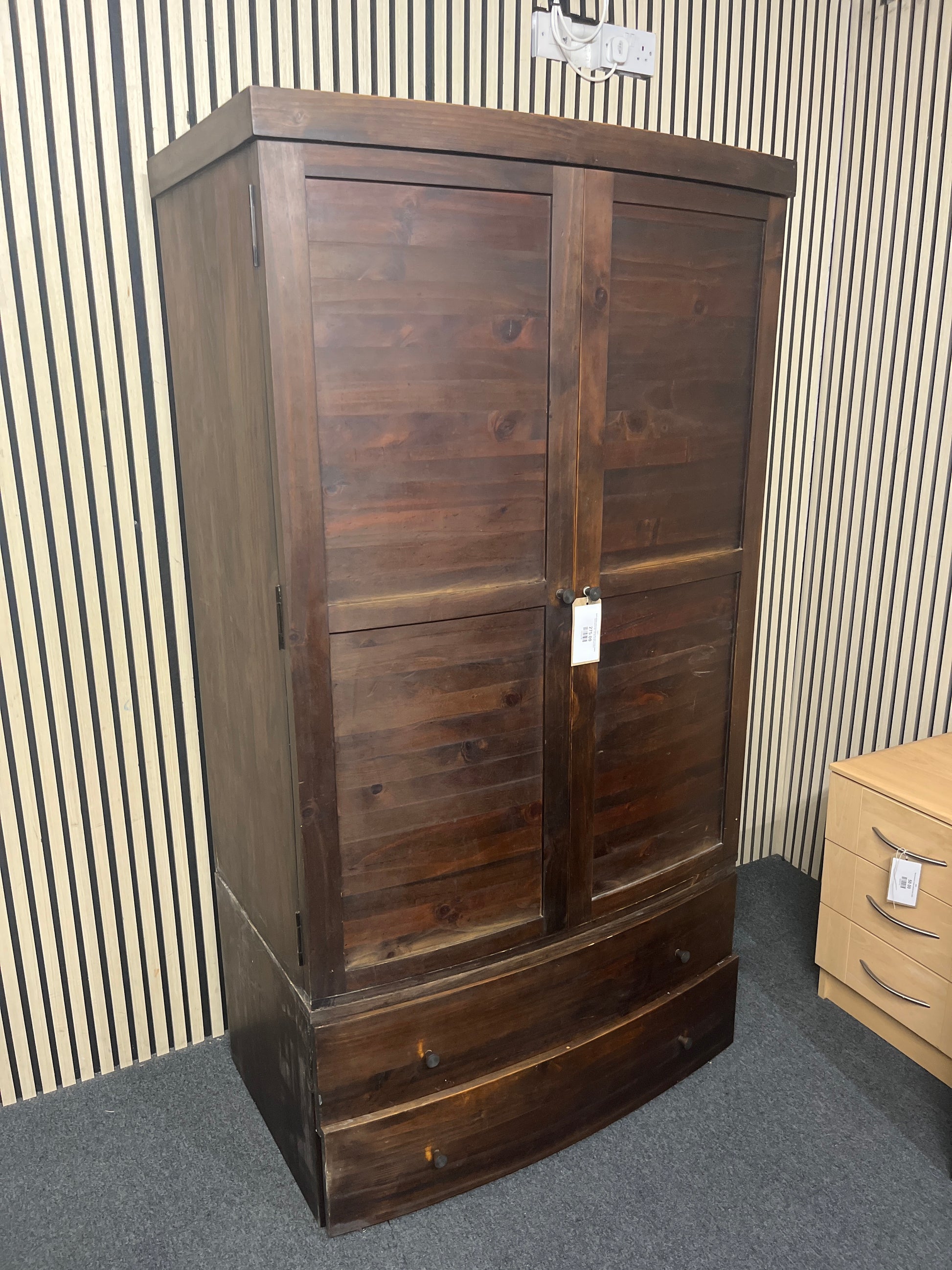 Solid stained pine bow fronted two door 2 base drawer wardrobe (H 182 x W 100 x D 62 cm) 43977