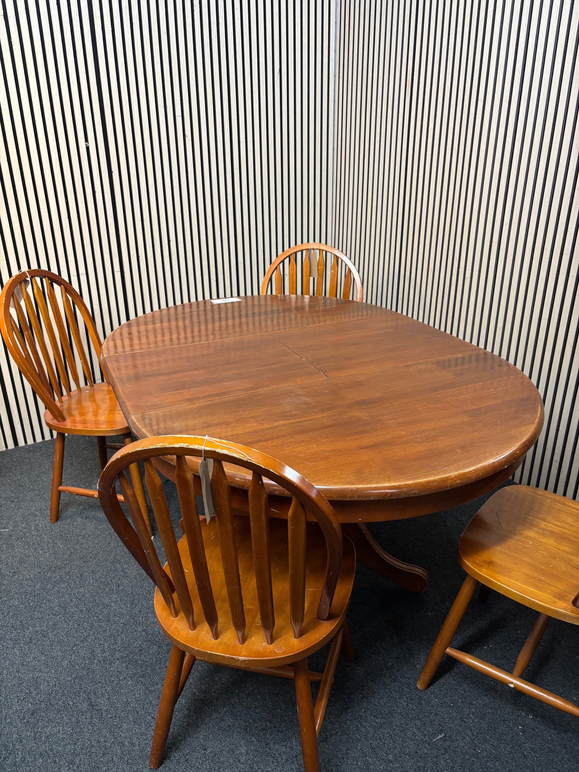 Dark wood stained solid wood circular extendable dining table with central base (diameter 110 +45 cm) and 4 no. matching chairs 43417
