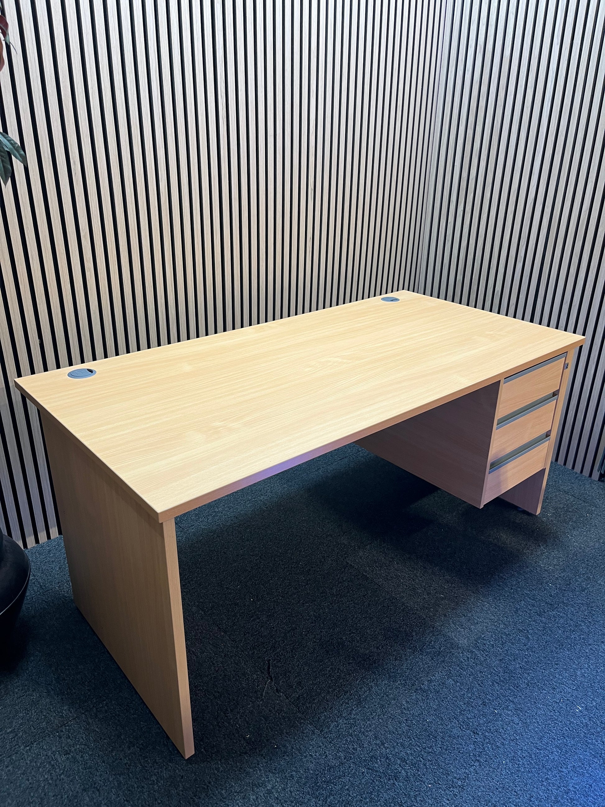 Liquidated Beech panel leg desk with fixed pedestal (white laminate modesty panel)