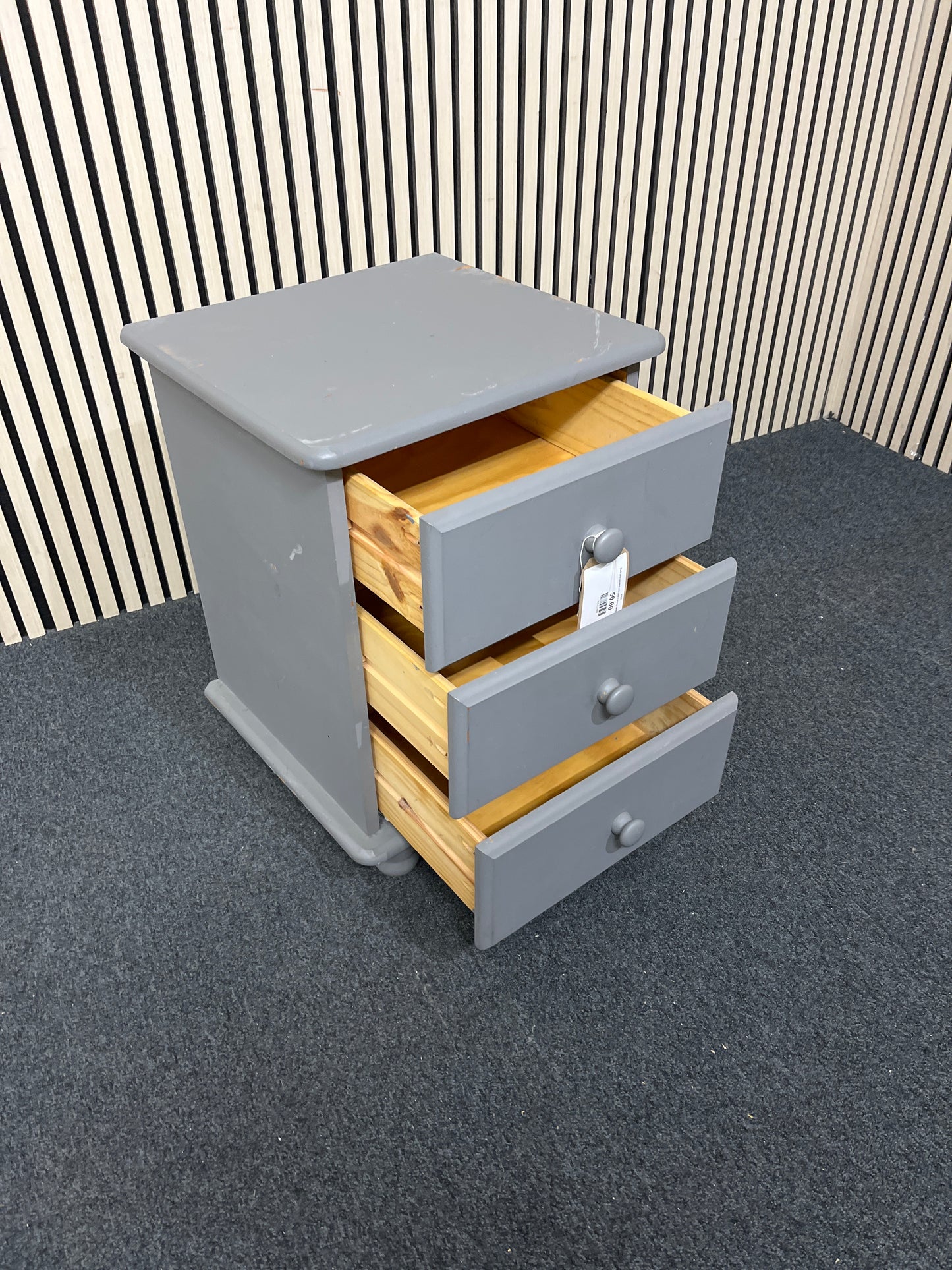 Dark grey painted solid pine 3 drawer bedside locker  2425
