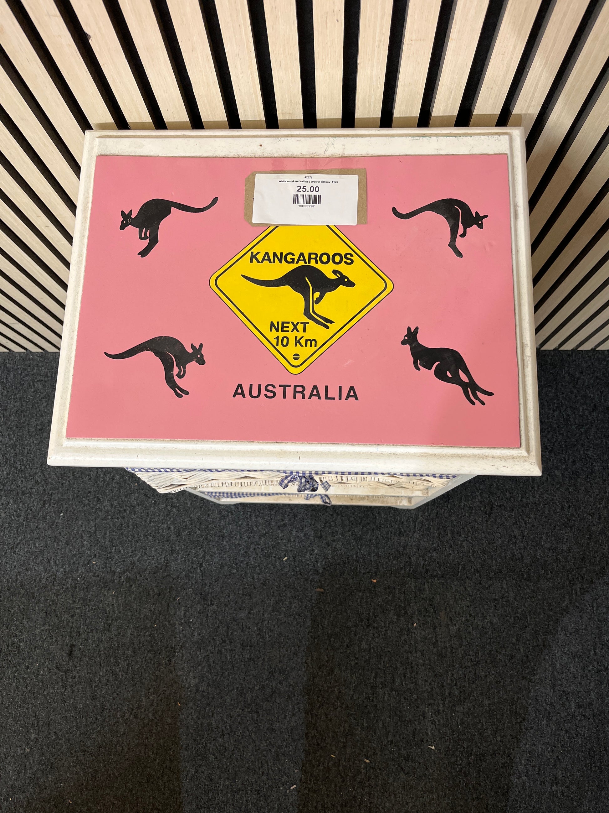 White wood and rattan 3 drawer tall boy  1126