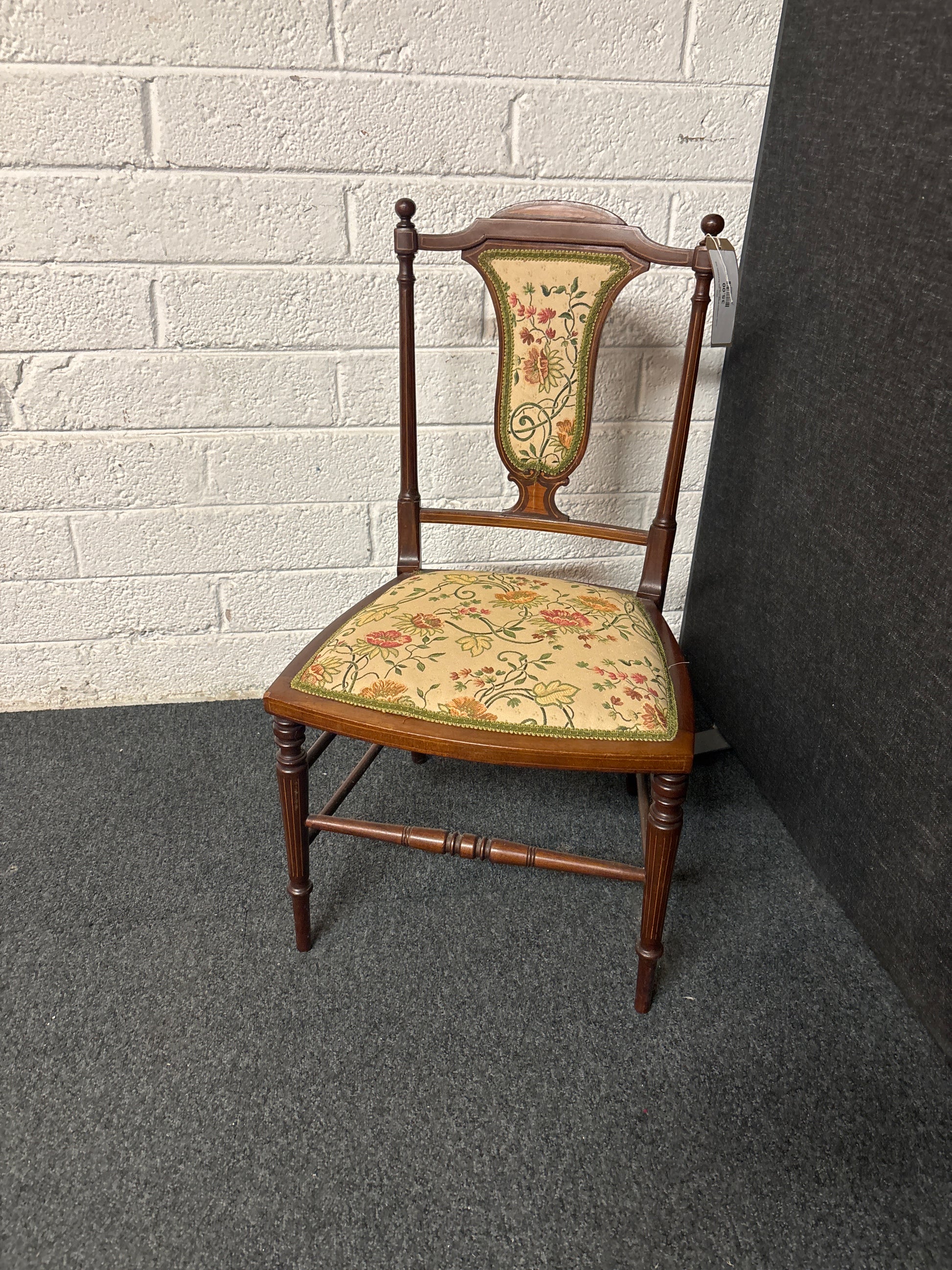 Ornate mahogany dining chair with floral pattern seat fabric 3225